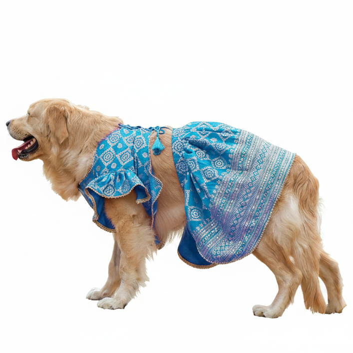 Sky Blue Brocade Dog Lehenga Choli Dress - Wedding Outfit